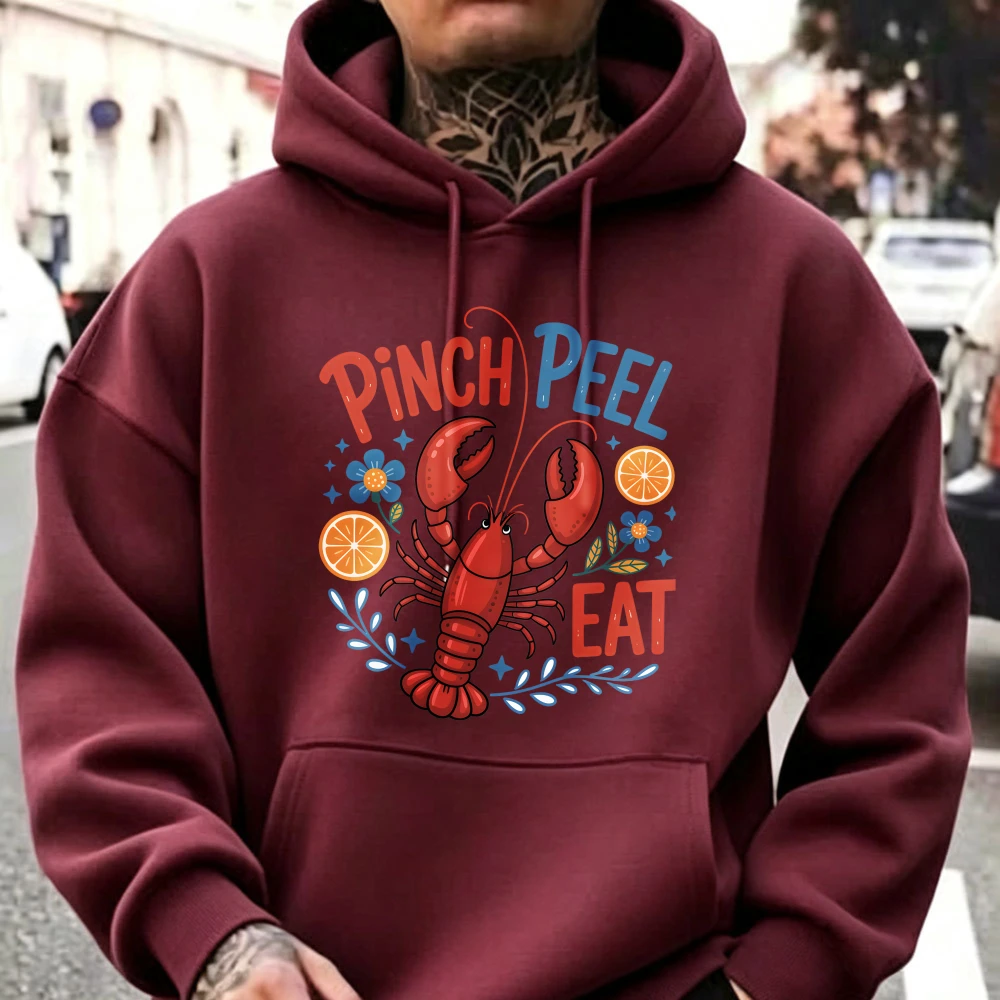 Pinch Peel Eat Red Crawfish Lemon Floral Cartoon Men Pullover Hoodie Seafood Lover Funny Slogan Hooded Sweatshirt Casual Tops