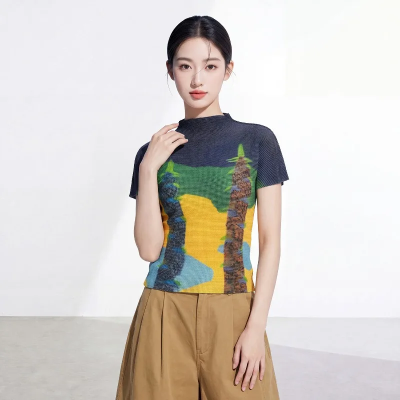 Miyake Pleated 2026 Design Pleated Short Sleeve Top for Women High-End Summer Half-High Collar Slim Fit Printed T-Shirt Pleat