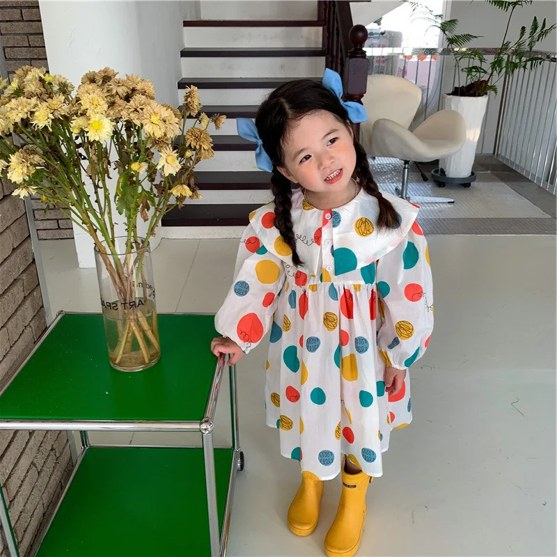 Spring Autumn Girls\' Long-Sleeved Lapel Dresses Children\'S Colorful Balloon Dress 3-7 Years Old Baby Kids Clothes Sweet Dress