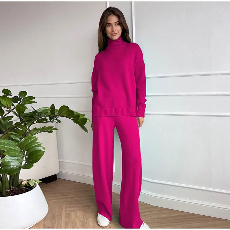 

Women's Winter Set Long-sleeved 2piece Knitted Suit Warm Turtleneck Bright Color Sweater Top Pants Pullover Knitwear