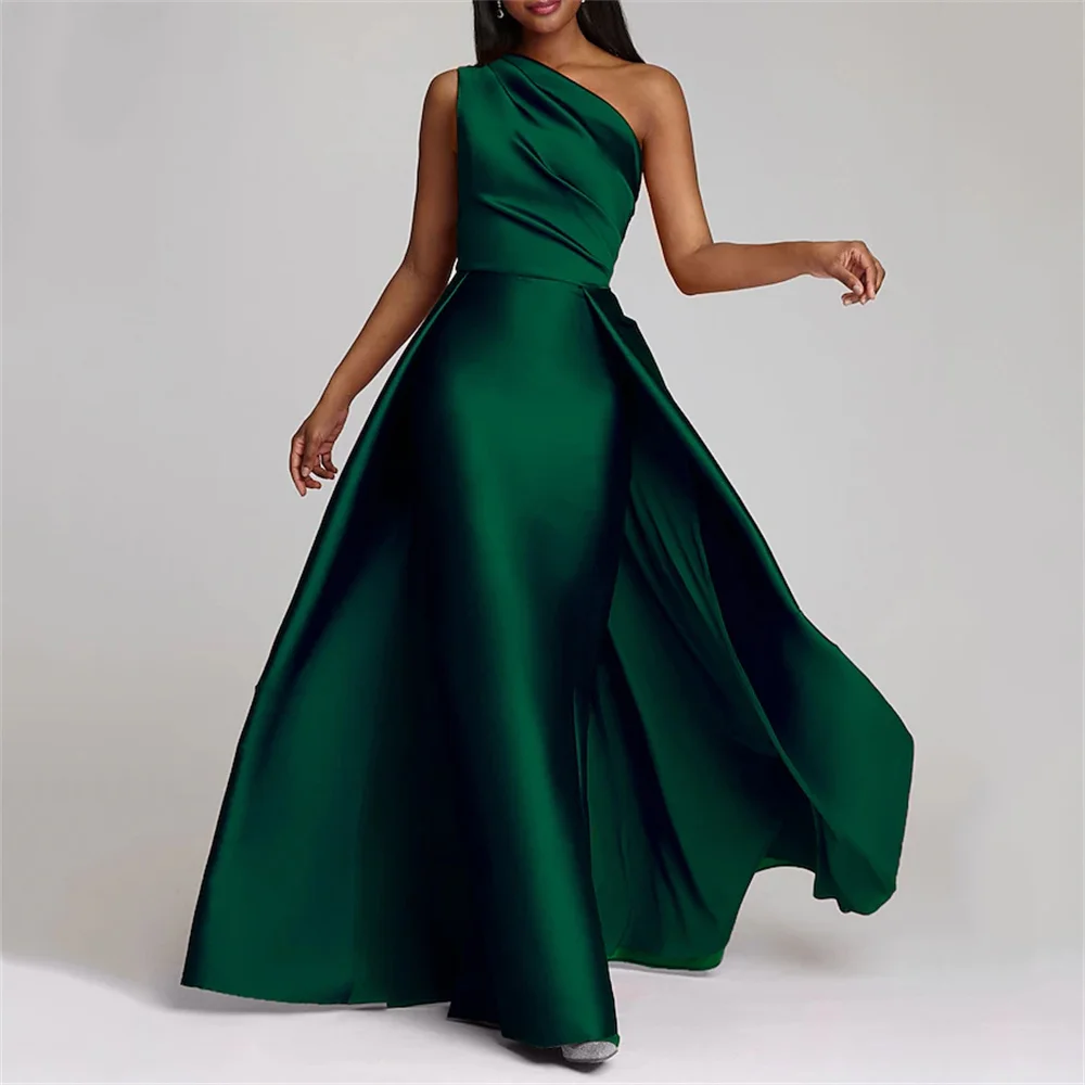 Um Ombro Vestido de Noite com Sobresaia, Bainha, Cor Pura, Até o Pavimento, Cetim, Sem Mangas, Verde, Convidado do Casamento, 2024