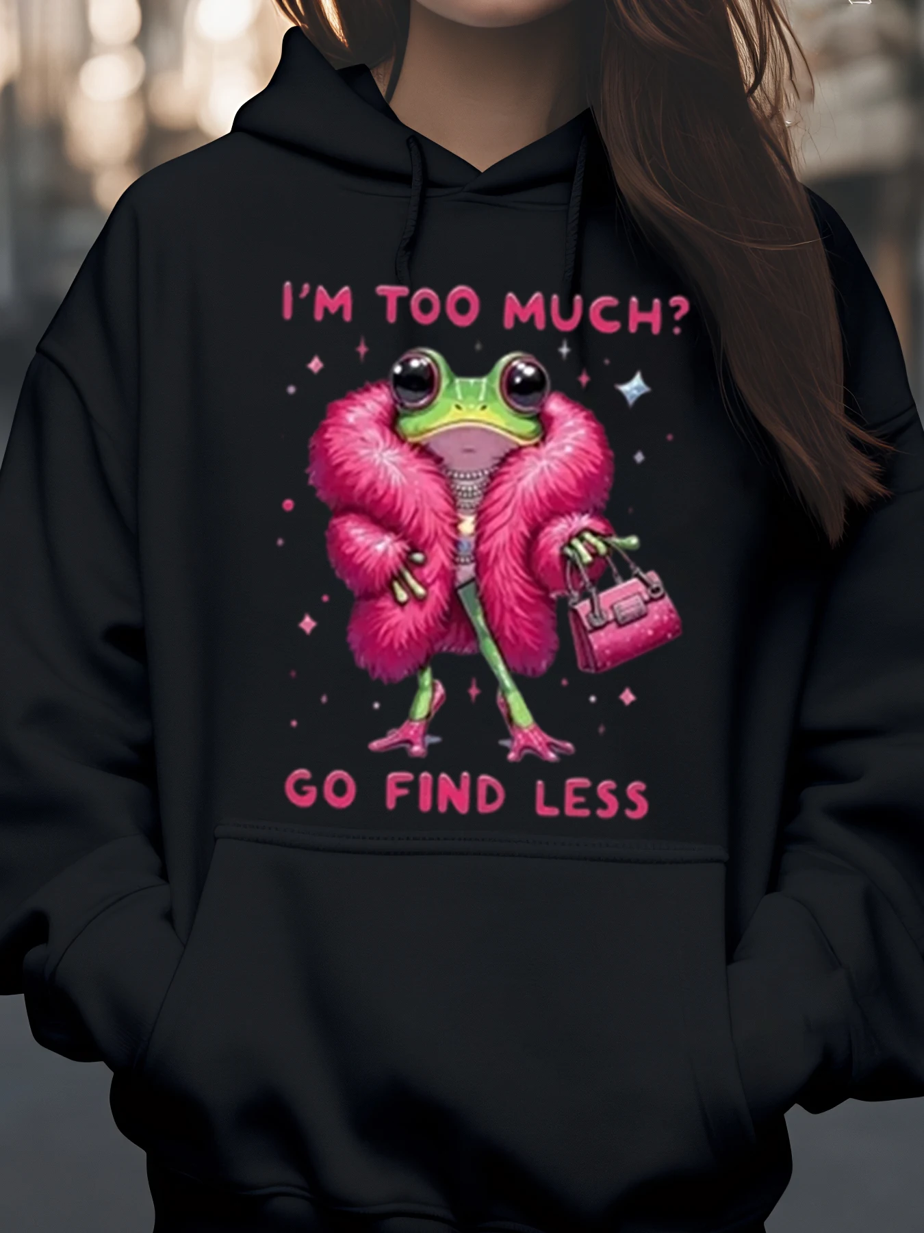 الضفدع في معطف الفرو الوردي أنا كثيرًا يجد أقل طباعة هوديي ملابس نسائية كاجوال لحفلات الهالوين