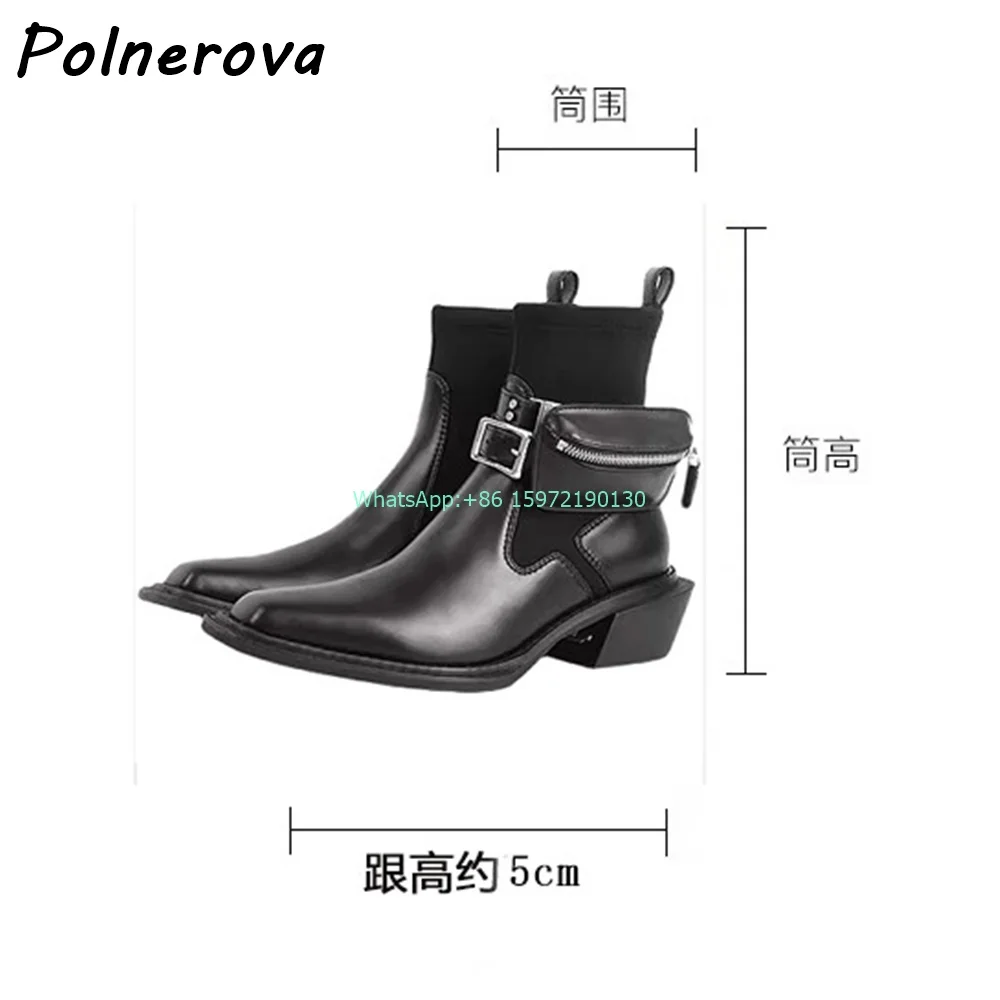 Novelty Pocket Ankle Boots Solid Square Toe Chunky Heels Zipper Shoes Winter Elastic Women's Dark Punk High Increase Shoes 2024