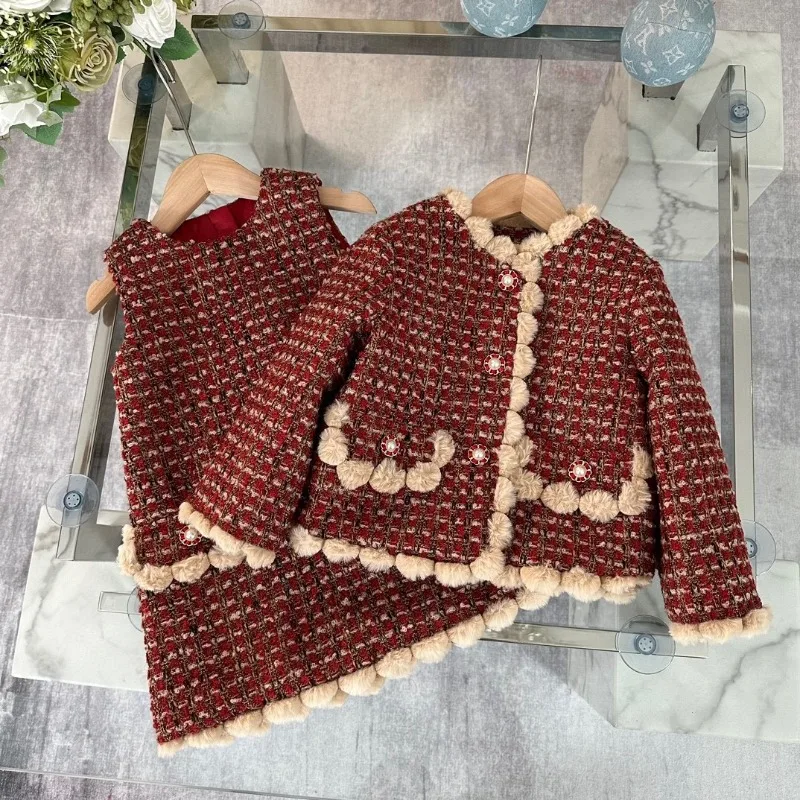 Girls' Small Fragrant Style Suit Skirt Autumn and Winter New Children's Woolen Skirt Little Girl Fashionable Jacket Suit