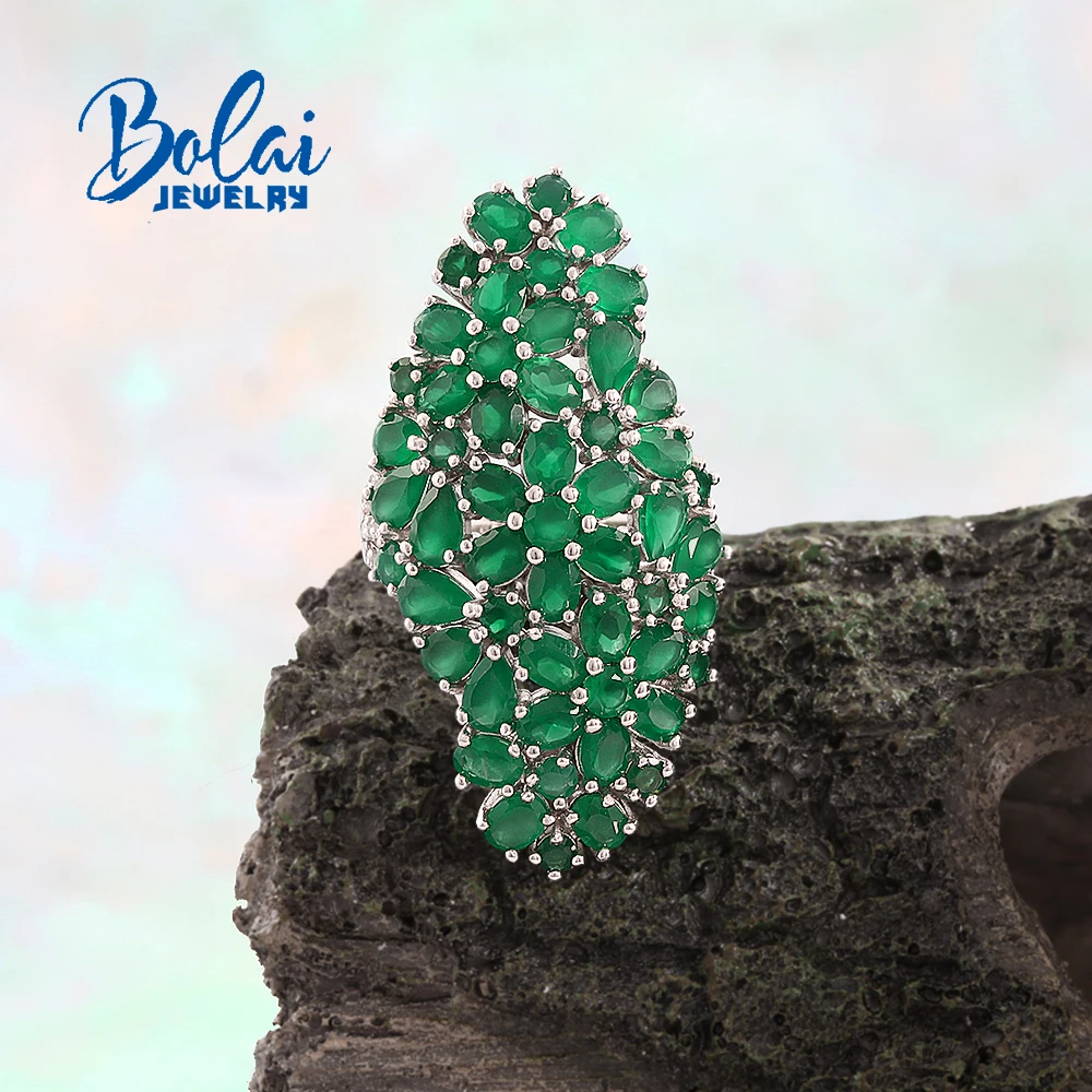 Luxury 925 Sterling Silver Big Ring Natural Green Agate Gemstones Fine Jewelry for Women Eye's Catching Birthday Party Gifts