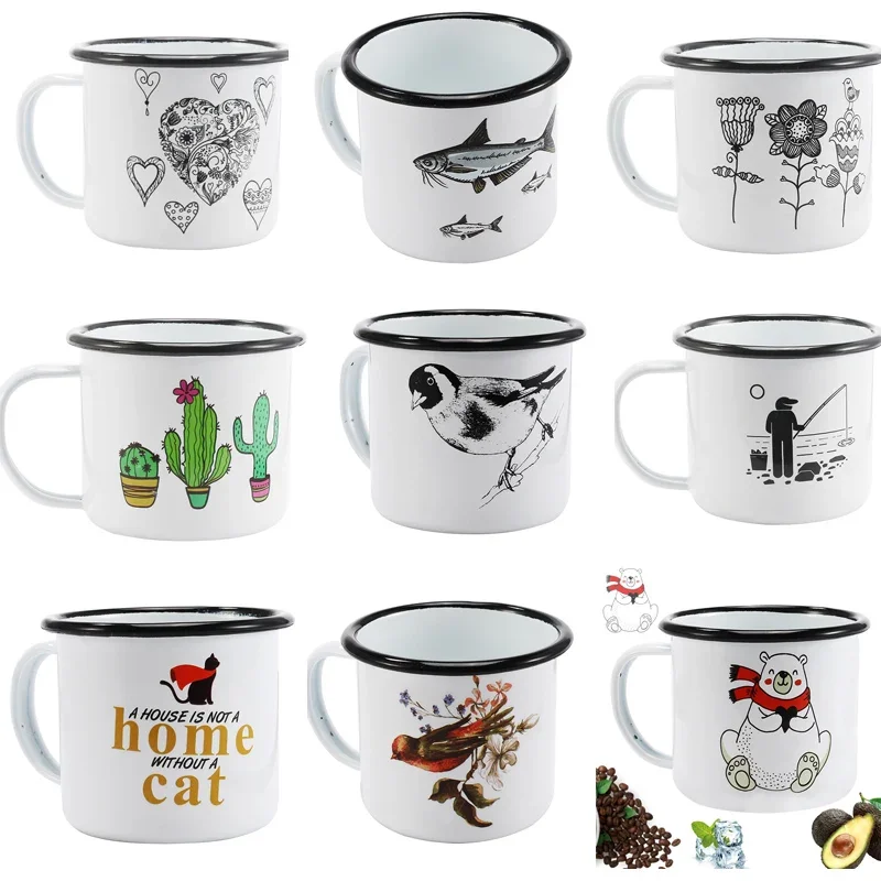 Envío Gratis, taza de café esmaltada de 350ml, taza creativa para desayuno de plantas y animales, borde en rollo negro con empuñadura, taza de té de la leche