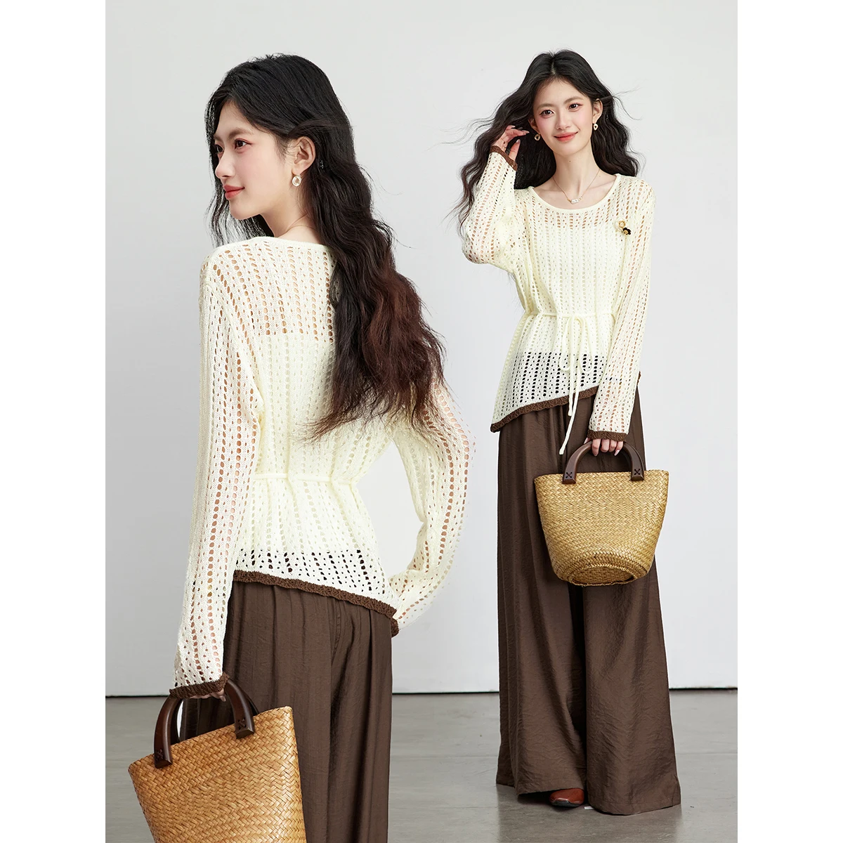 VIMLY Women's Knit Two-Piece Set 2026 Spring New Fashion Color Block Hollow Out Knit Top Wide Leg Pants Female Casual Wear 30627