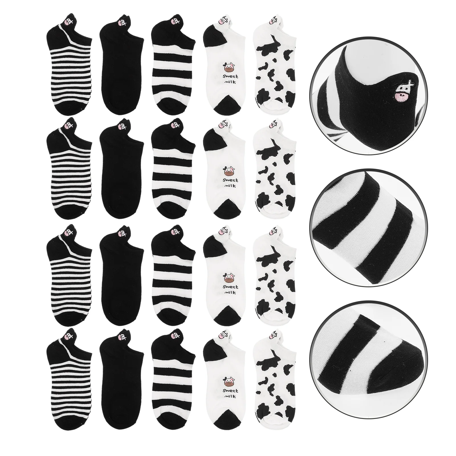 

5 Pairs Black and White Striped Socks Fashion for Women Cow Sweet Cute Miss Ankle