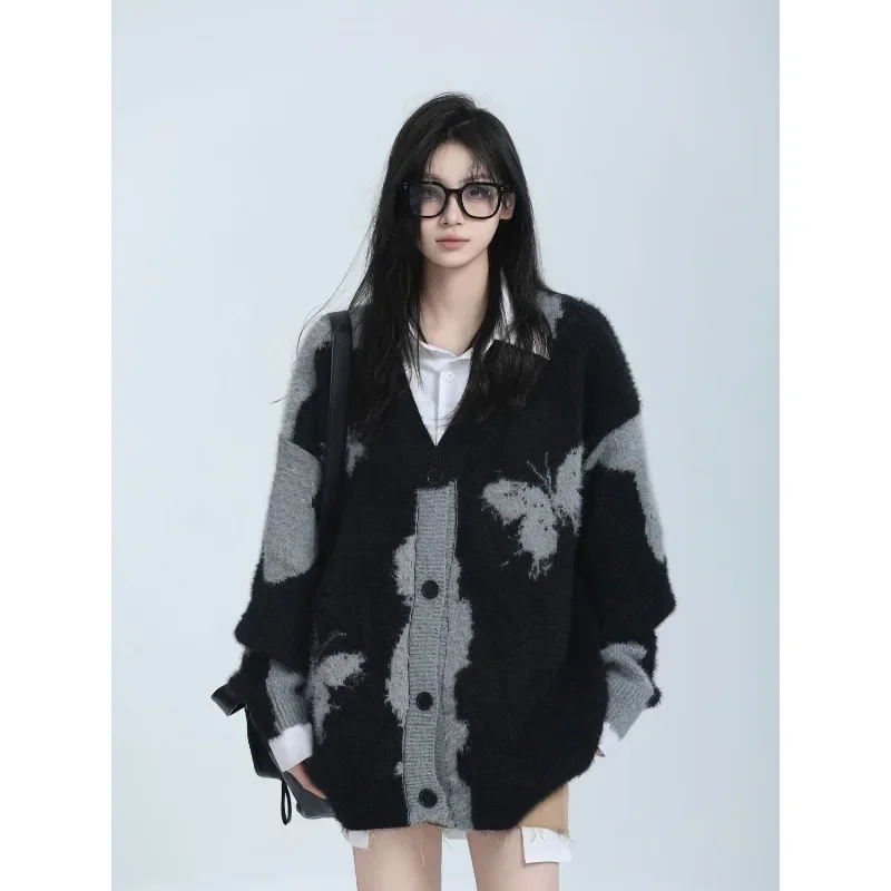 Trend Men's and Women's Spring Autumn Knit Cardigan Knitted Sweater Butterfly Couple Color Blocking Retro Jacquard Design Simple