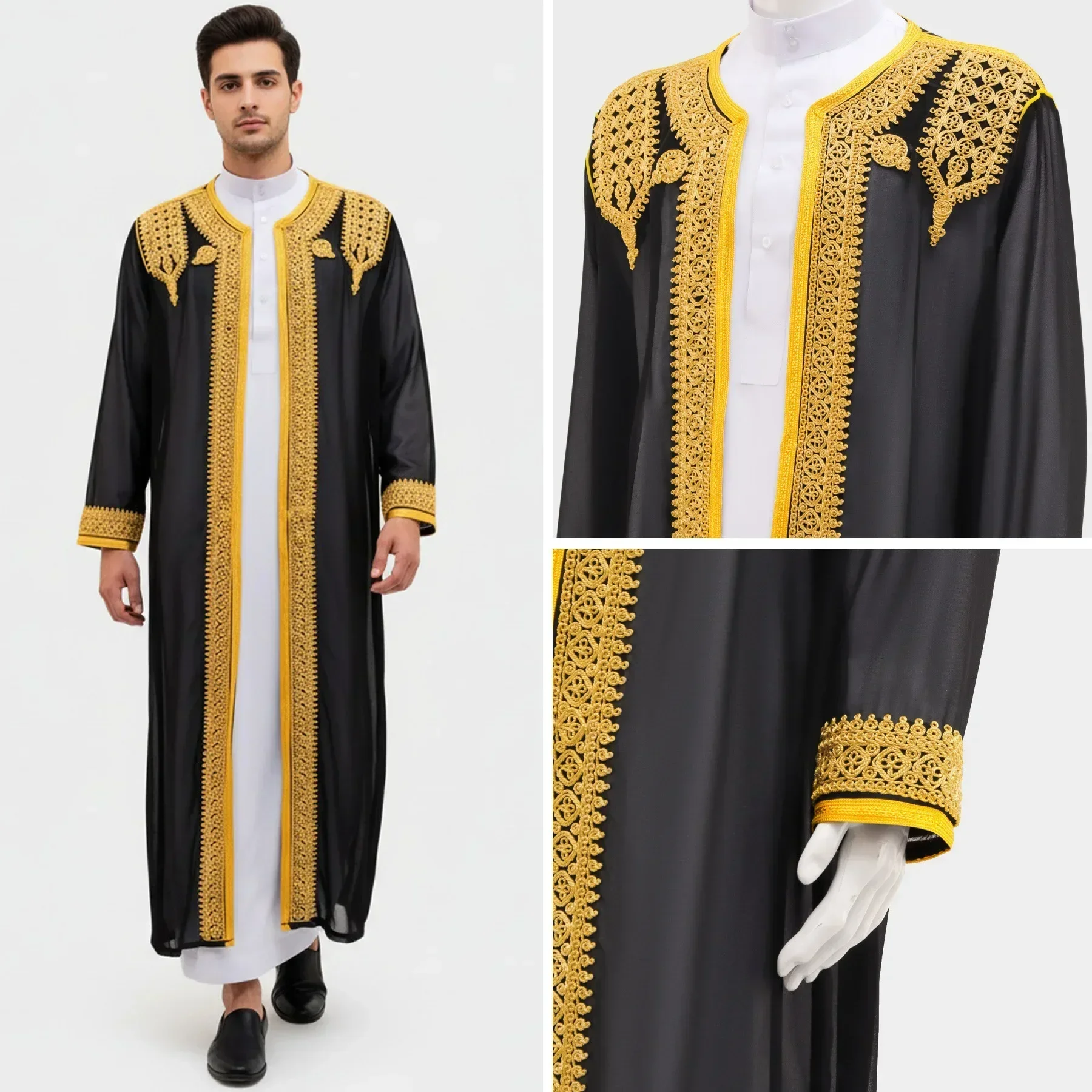 Traditional Arab Men's Robe Thobe Embroidered Dress Middle Eastern Ethnic Jubba Thobes Eid Djellaba Kimono Abaya Thoub Dishdasha