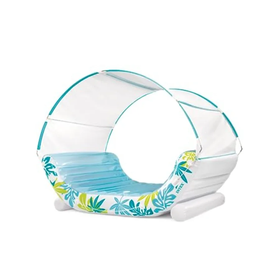 Inflatable Tropical Canopy Lounge for outdoor use, PVC fabric in teal, detachable sunshade, built-in cup holders, rope ties, 44
