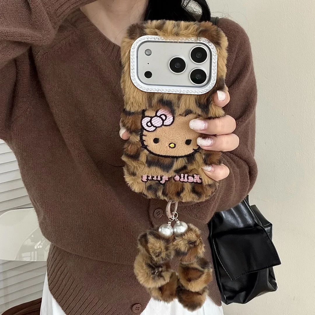 

Luxury Plush Hand Warmer Leopard Fur Fluffy Protection Soft Phone Case For iPhone 17 16 15 14 13 Pro Max Covers with lanyard