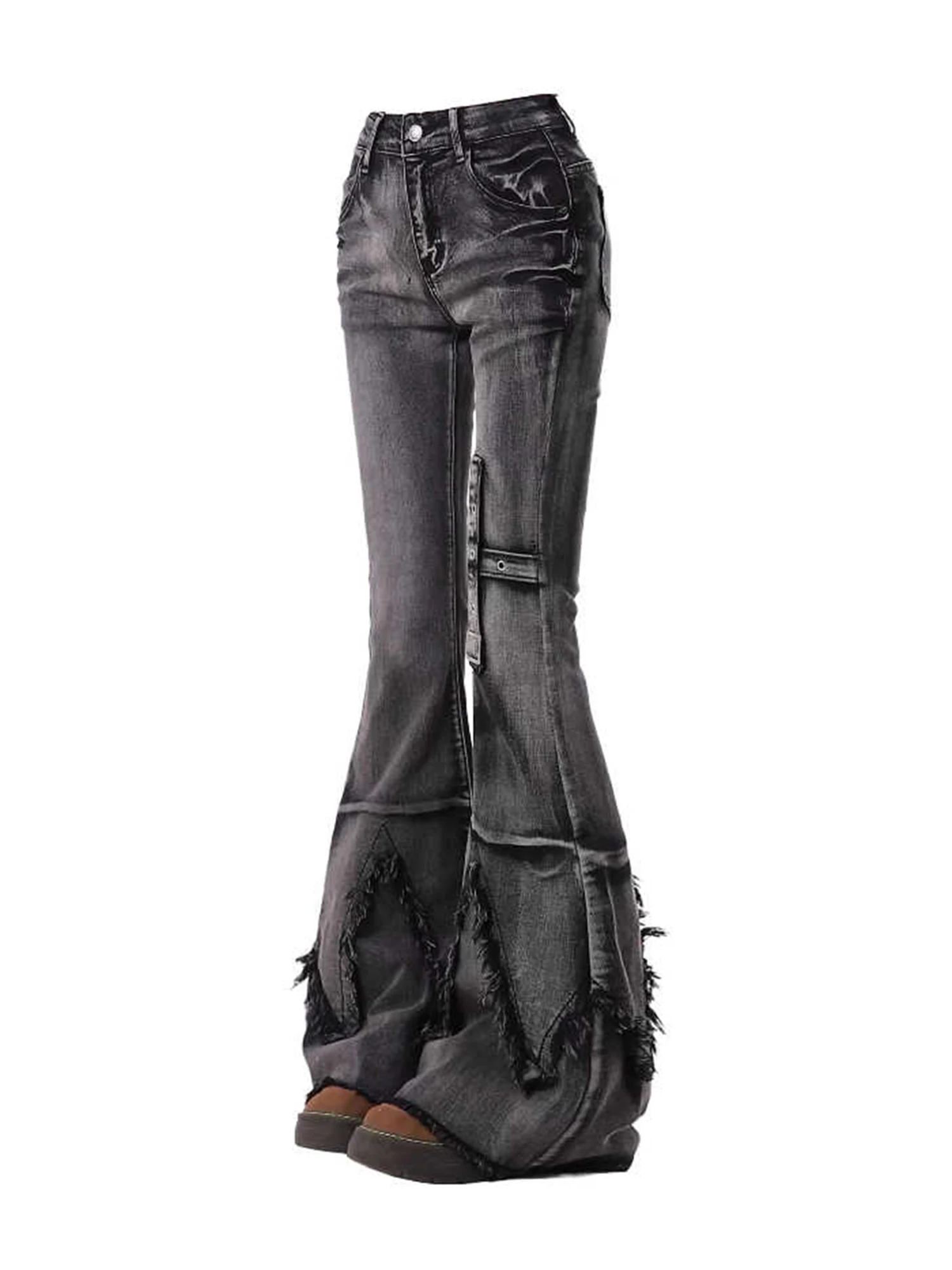 ผู้หญิง Black Gothic Flare กางเกงยีนส์ Vintage Harajuku Y2k Baggy ยาว Jean กางเกงสไตล์ญี่ปุ่น 2000s Oversize Denim กางเกงเสื้อผ้า