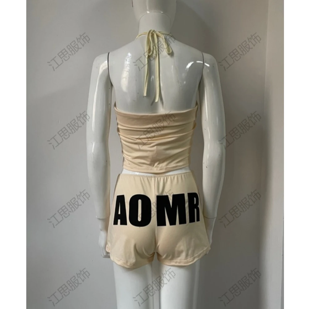 Sexy hot girl sexy beach style three piece bikini retro letter printed crop top slim fit set pants ins