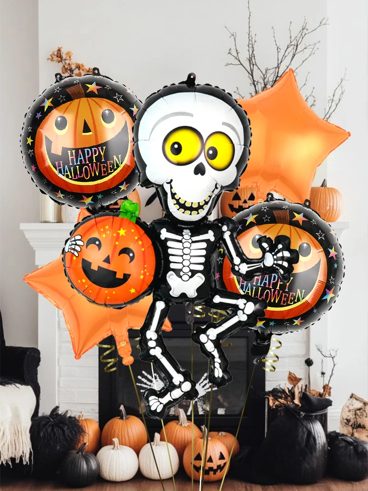 5-teiliges Halloween-Schädel-Ballon-Set, geeignet für Halloween-Party-Dekoration, Süßes oder Saures, Horror-Dekorationszubehör