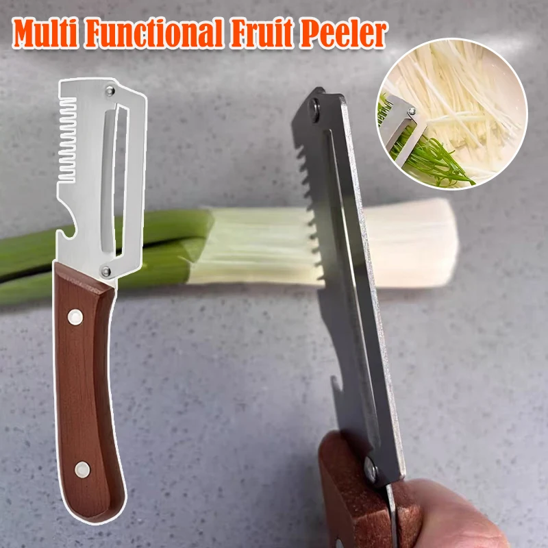 Pelador de verduras 2 en 1 con cuchilla dentada de acero inoxidable y mango de madera, herramienta de cocina duradera para pelar y rebanar.