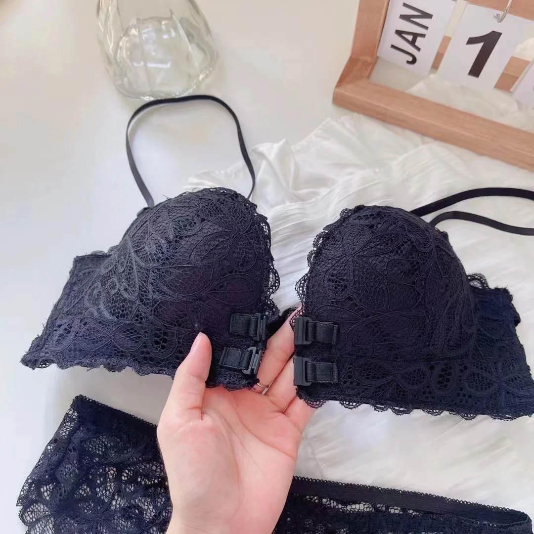 Sexy Lace Lingerie Women\'s Small Breasts Gather No Steel Ring Top Bra Comfortable Breathable Front Button Bra Summer