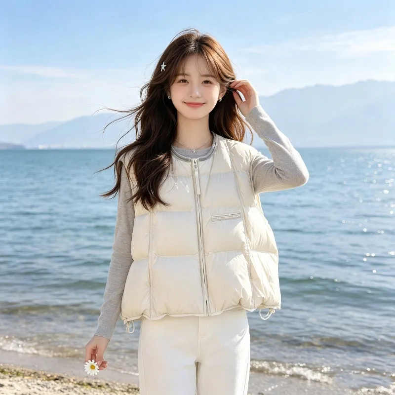 2026 New Women Warm Cropped Down Vest Collar Zip Up Quilted Sleeveless Pocket Drawstring Hem Solid Outerwear Autumn Winter
