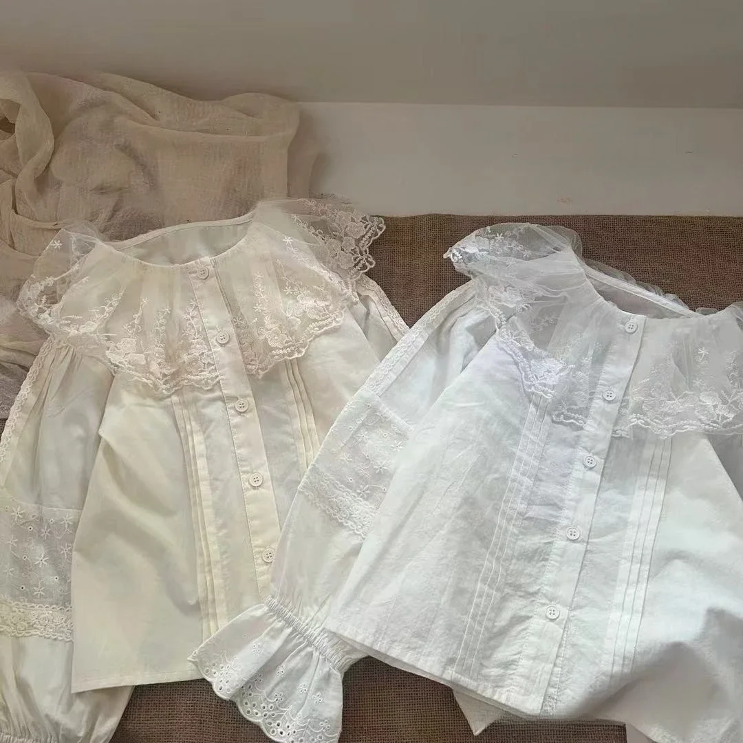 

Knitted girl shirt 2025 autumn Korean version foreign style lace blouse