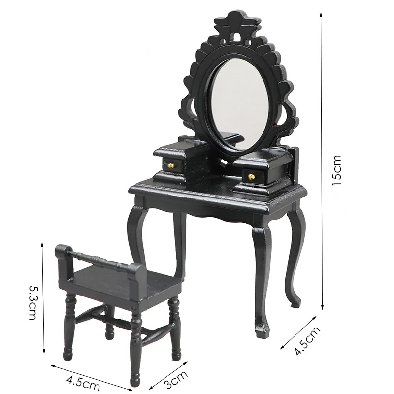 1:12 Scale Dollhouse Miniature Furniture - Black Wooden Bedroom Set, Vanity, Wardrobe & Decor for Miniature Scene Display