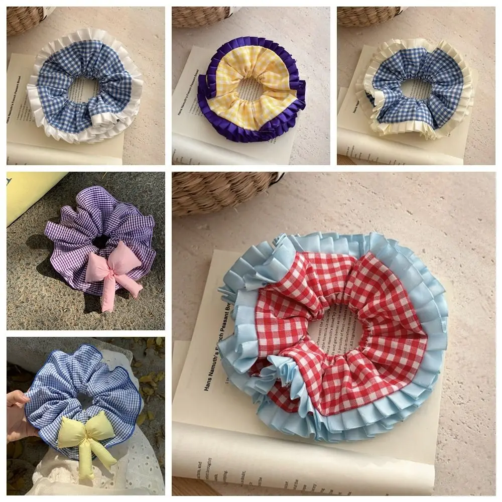 Модные милые решетчатые резинки для волос, тканевые резинки для волос с бантом и рюшами, веревка для волос, держатель для хвоста, большая резинка для волос для женщин