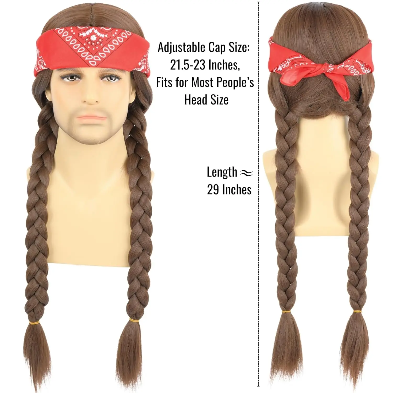 Long Brown Braided Wig with Bandana for Mens 60s Hippie Costume Halloween Party Wigs