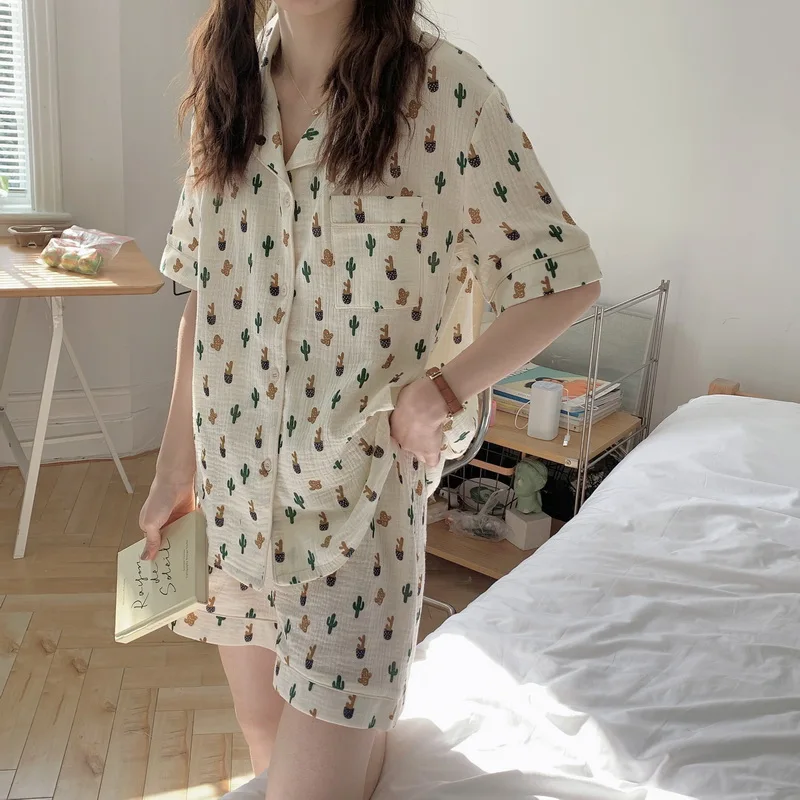 Korean Cactus Print Summer Pajamas Set Women Cotton Single Breasted Shirts + Shorts Casual Ins Sleepwear Pocket Home Suit