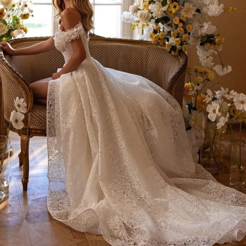 

Elegant Full Lace Wedding Dresses Women Off Shoulder Flower A Line Floor Length Bridal Gown vestidos de novia boda Customized