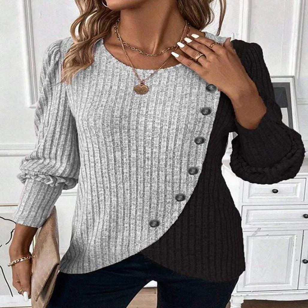 

Spring Autumn Women's Hooded Sweater Round Neck Color blocked Pit Strip Long Sleeve Knitted T-shirt