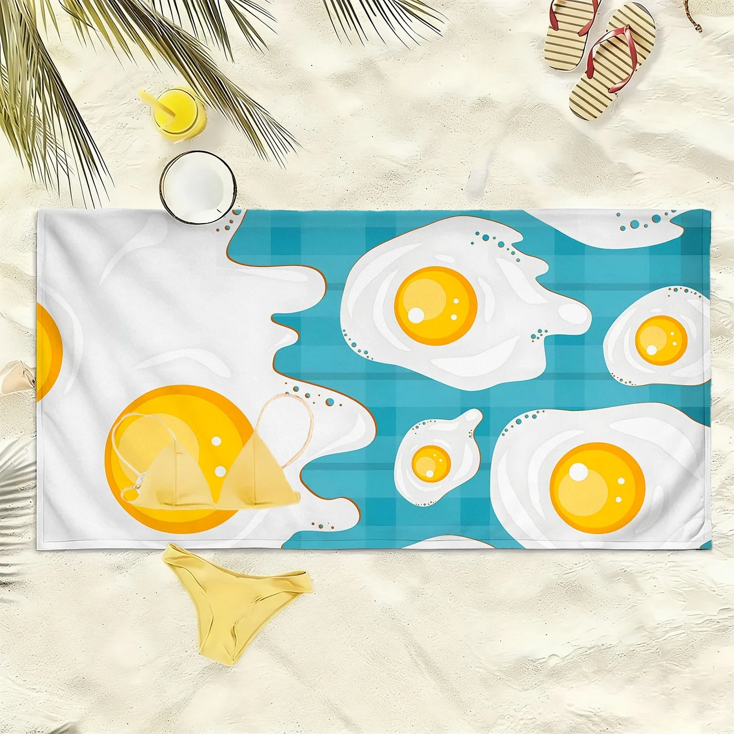

Cartoon-style fun poached egg pattern polyester microfiber beach towel is highly absorbent, suitable swimming and beach outings