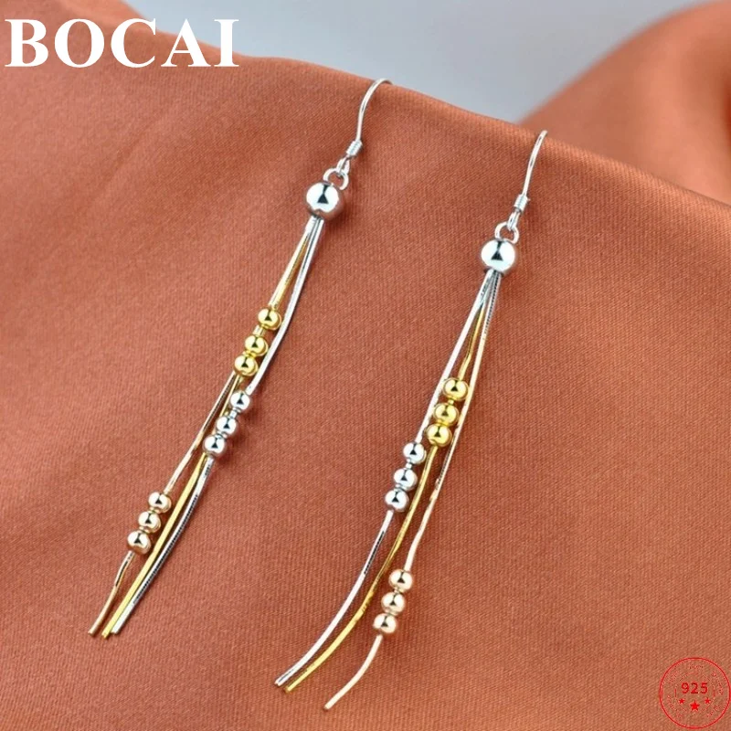 

BOCAI 100% S925 Sterling Silver Ear Drop Fashion Silver Beads Long Tassel Color Earring Pure Argentum Valentine's Gift For Women