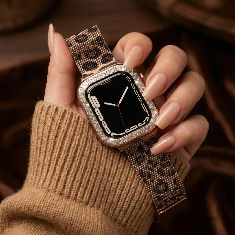 Diamond Case+Metal Strap For Apple Watch Band 38mm 40 41 42 44 45mm Leopard Pattern Bracelet iWatch Series SE 9 8 7 6 5 4 Cover