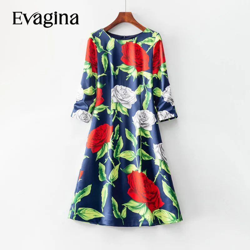 

Evagina 2023 Fashion Runway Spring/Summer Dress Women Round-Collar Half-Sleeve Two-Tone Rose Print Casual Slim Mini Dresses