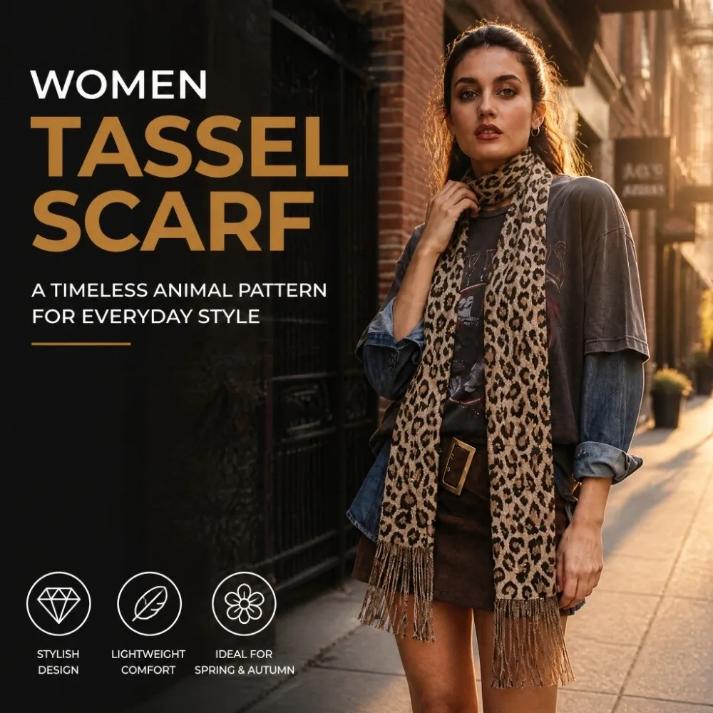 Shiny Women Tassel Scarf Leopard Pattern Long Strip Tiger Stripes Fringe Shawl Fashion Decorative Thin Ribbon Scarf