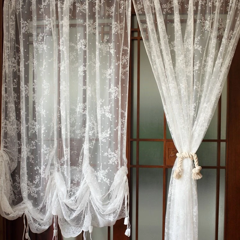 Roman Balloon Curtain Partition White Lace Gauze Floral Drawstring Pull Valance for Living Room Bedroom Rod Pocket Style