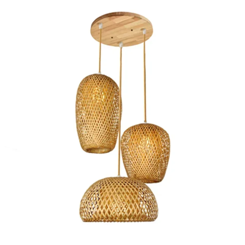 Natural Rattan Wicker LED Lustres, Lâmpada pingente moderna, abajures de bambu tecidos à mão, luz suspensa, luminárias E27