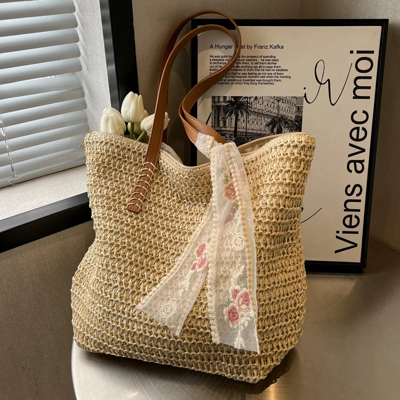 Yogodlns Vintage Women Woven Shoulder Bag Solid Color Lace Ribbon Tote Handbags Wicker Boho Straw Bag for Beach Handle Beige Bag