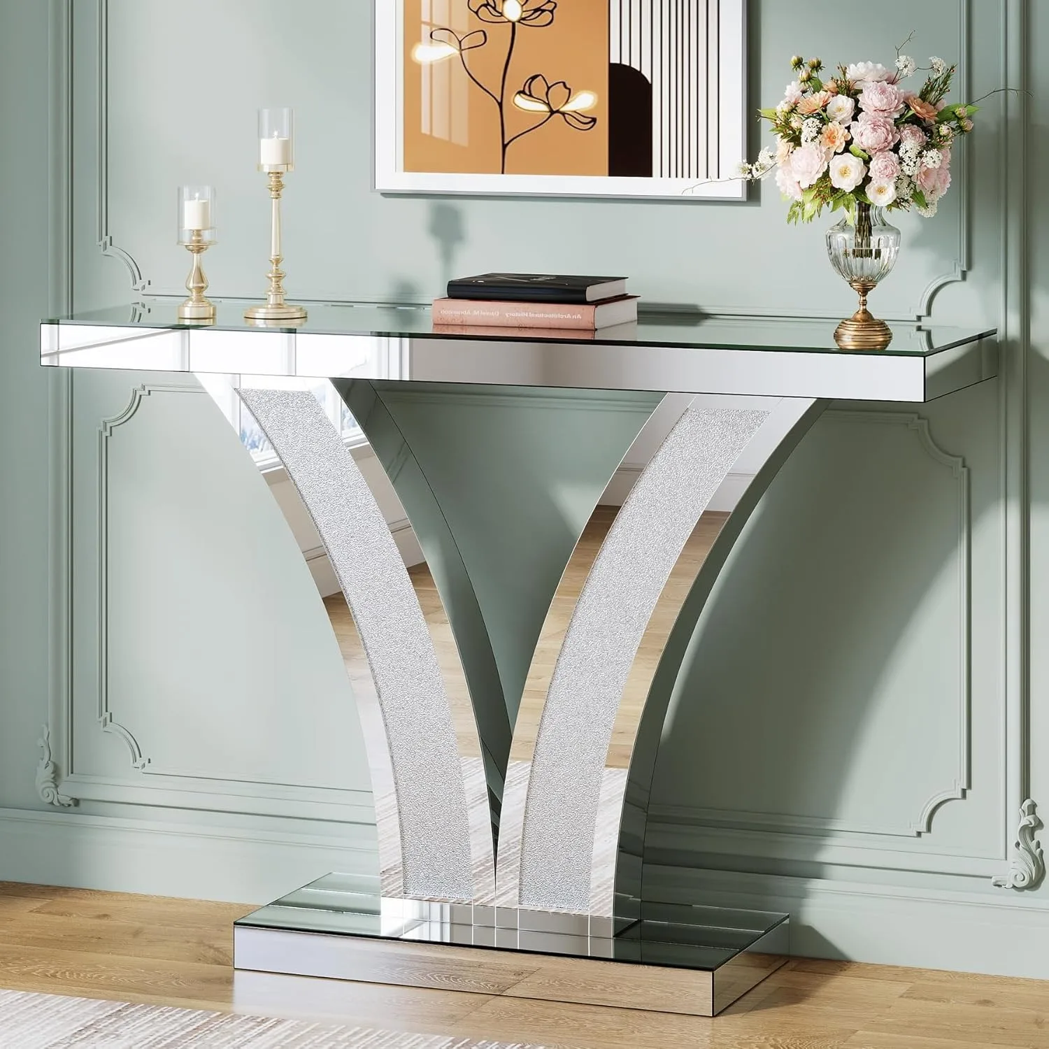 # Mirrored Console Table, Modern Sliver Entryway Sofa Table with Crystal Inlay Frames for Living Room, Hallway, Foyer