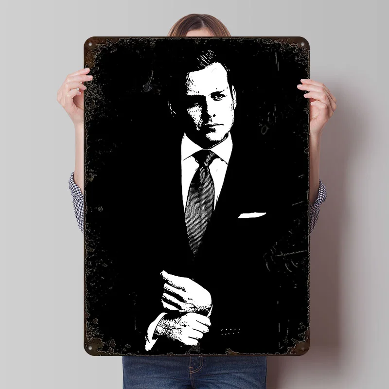 Suits: Harvey Specter Black and White Tinplate Poster Custom Wall Art Vintage Metal Signs Retro Tin Plaque for Decoration Gaming