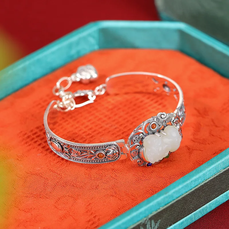 Hetian Jade S925 Sterling Silver Pixiu Fortune Before My Eyes New Style Retro Bracelet Jewelry