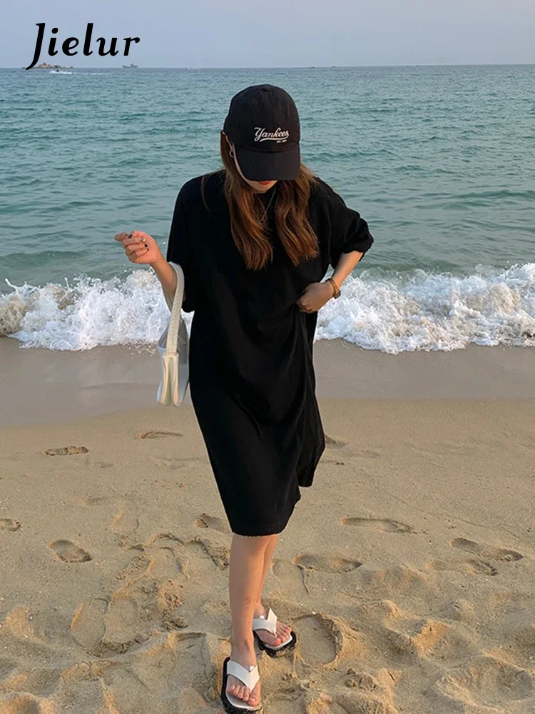 Jielur 여성용 코튼 화이트 원피스, 짧은 소매, 심플하고 루즈한 커피 블랙 원피스, 단색 롱 탑, 여성 드레스 M-XL, 여름