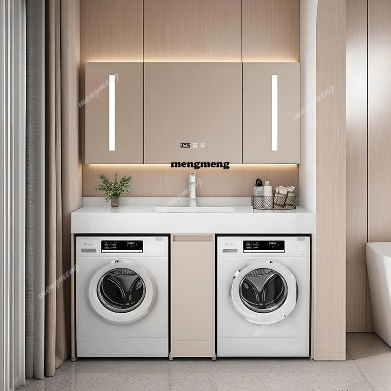 Customized hot curved rock slab laundry cabinet integrated bathroom washing machine dryer balcony cabinet combination