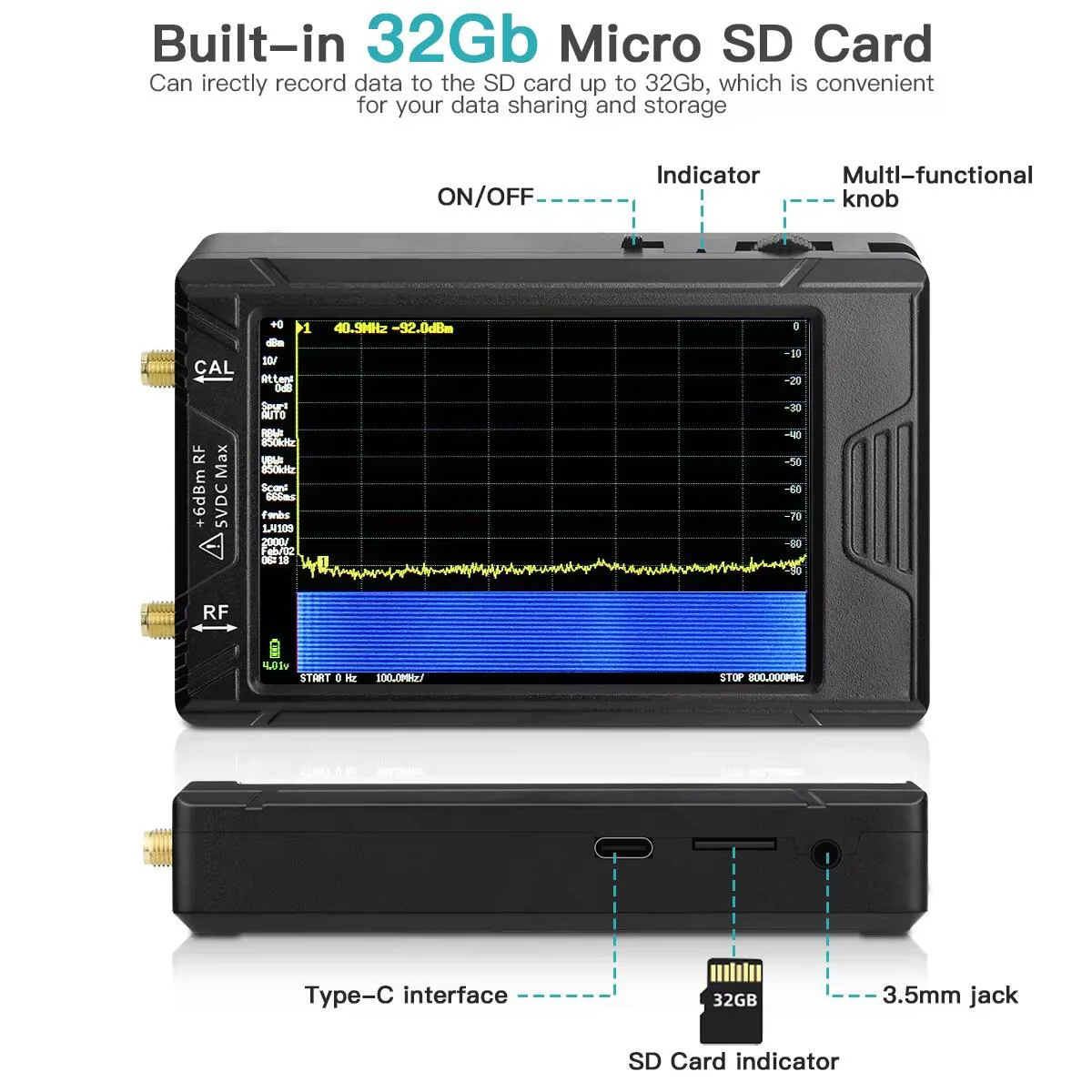 New Handheld Tiny Spectrum Analyzer 100k-5.3GHz RF Signal Generator with 4inch Display for tinySA ULTRA with battery