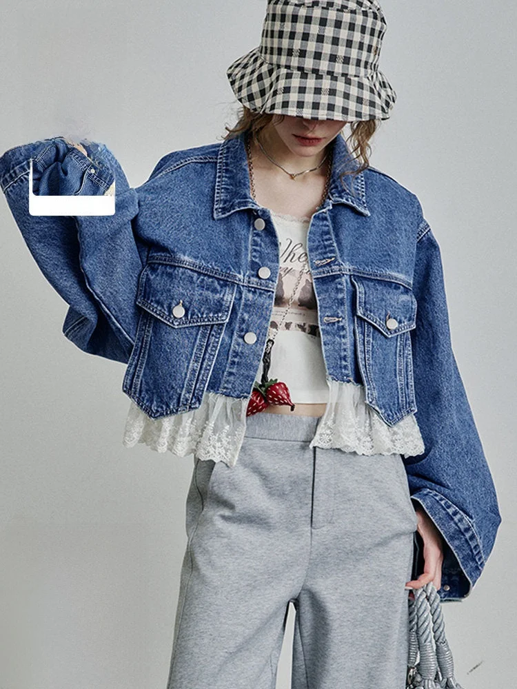 

Повседневная джинсовая куртка из хлопка, женская свободная посадка с кружевной отделкой, весенний топ от Elf Sa