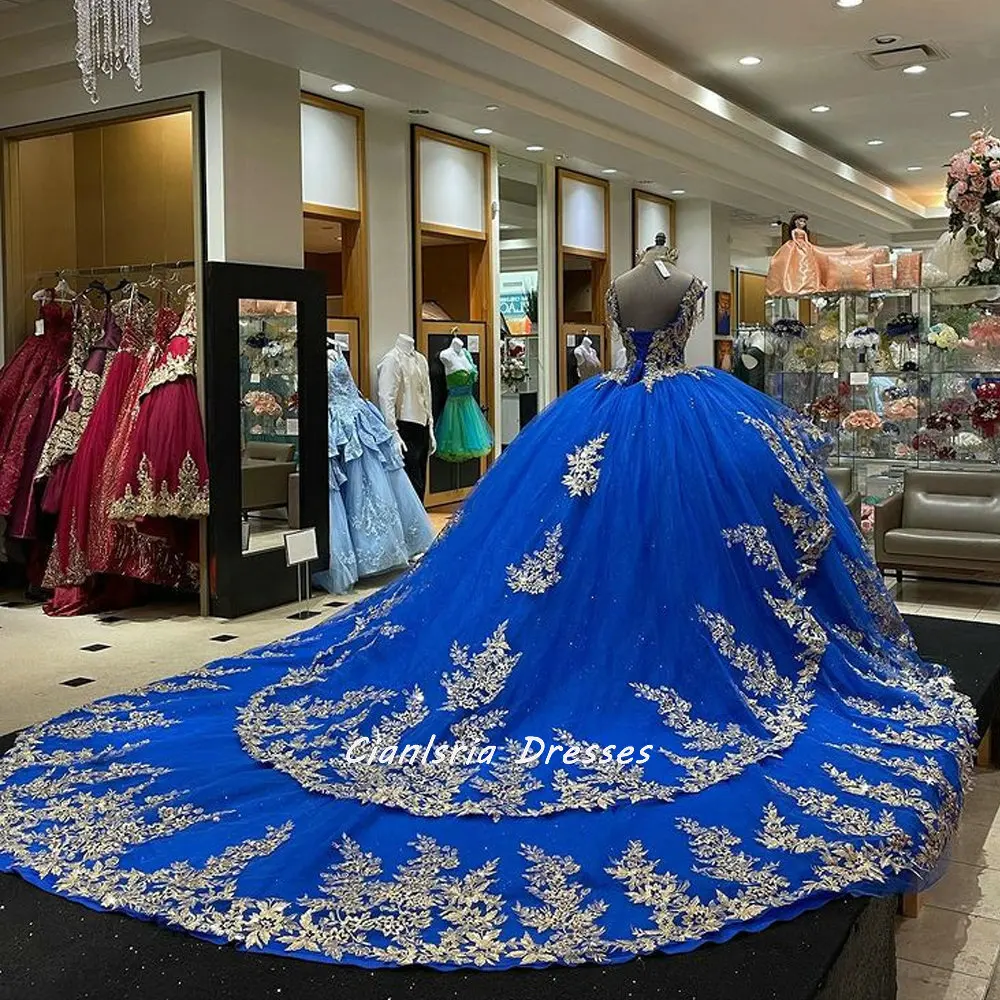 Robe de soirée en dentelle, 15 pièces, bleu Royal, épaules dénudées, avec des perles, avec des Appliques à plusieurs niveaux, Corset, pour filles