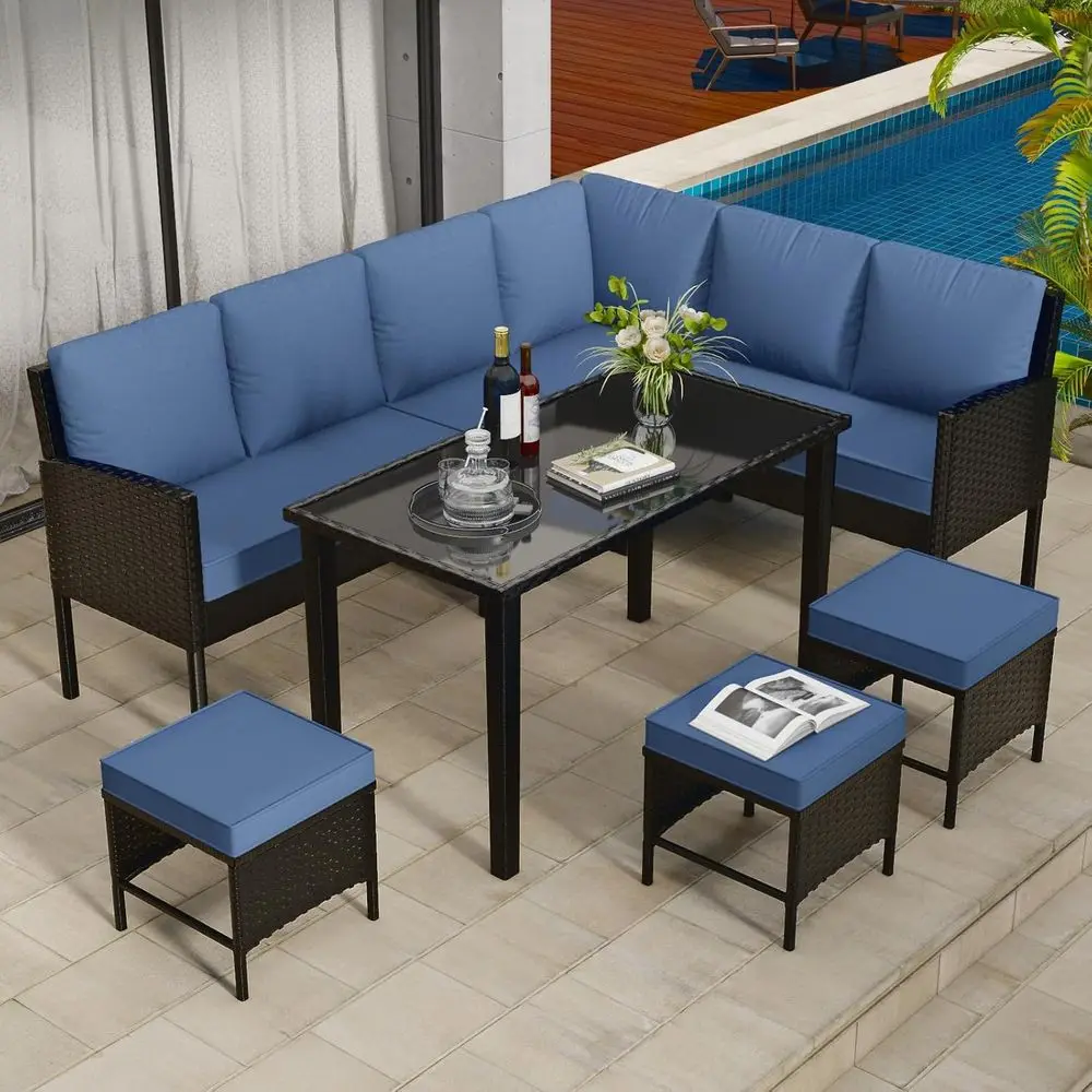 

Blue 7-Piece Outdoor Patio Furniture Set with Sofa, Dining Table, and Ottomans - PE Rattan Wicker with Cushions