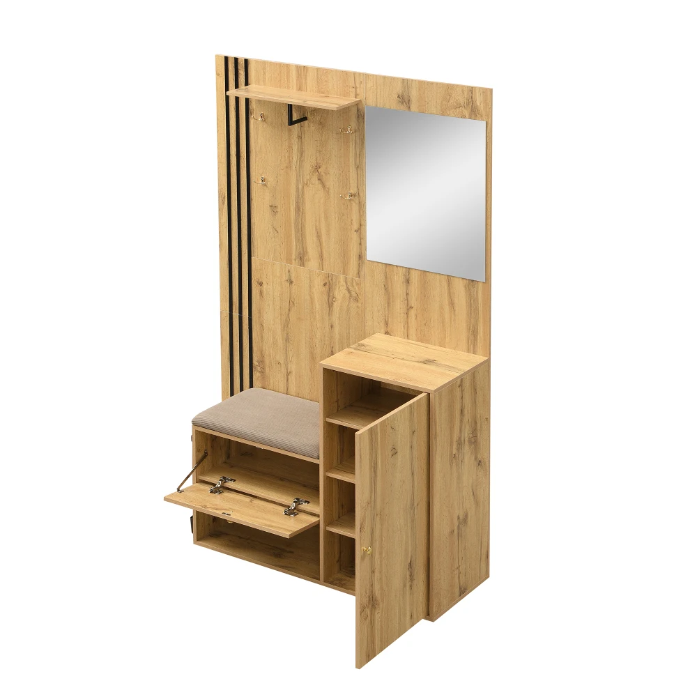 Kleiderschrank-Set, kompakter Flur-Kleiderschrank mit Spiegel und Kissen mit schwarzem Zierstreifen, Regal, Flur-Kleiderschrank, Schuhschrank – Detail 14