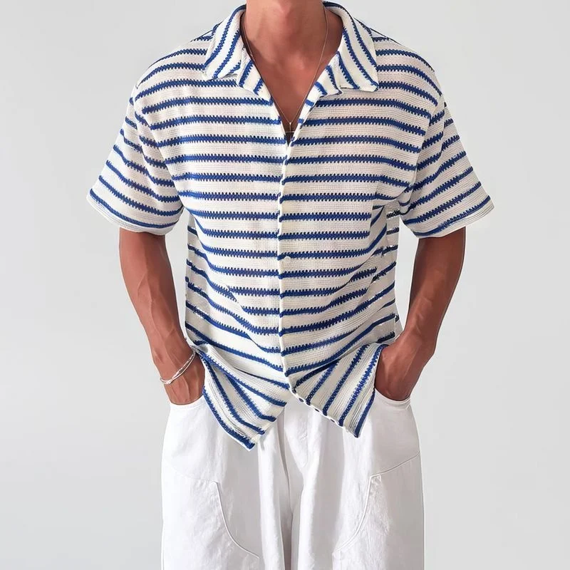 

Blue Striped Short Sleeved Shirt Men Summer Thin Breathable Lapel Knitted T-shirts Men's Casual Vacation Drape Hollow Out Top