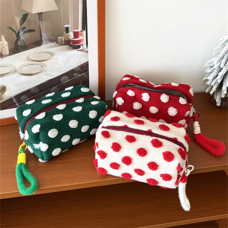 

Women's Makeup Bag Plush Polka Dot Sweet Cute Kawaii Cosmetic Bag Christmas Hand-held Large Capacity Multifunctional Storage Bag