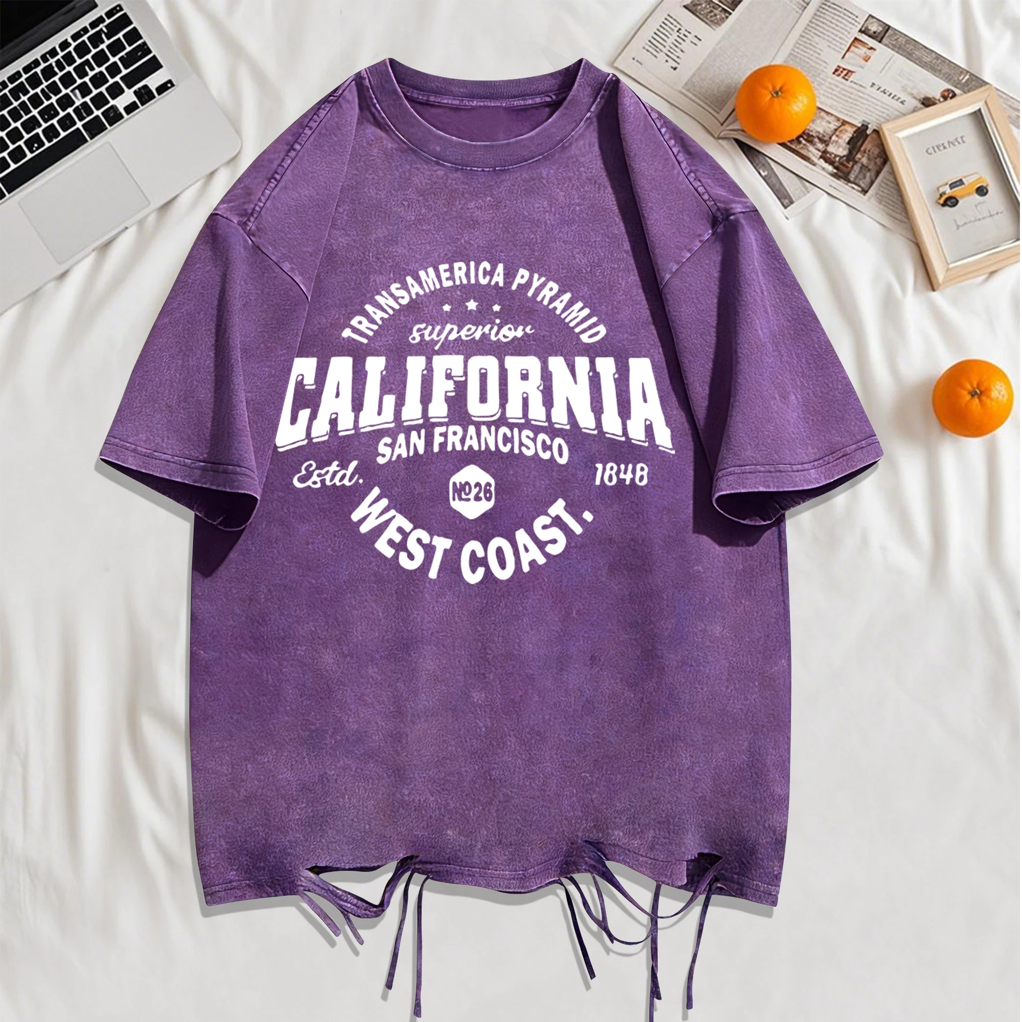 California San Francisco Westküste Washed Holes T-Shirt Herren Baumwolle Weiche T-Shirts Rundhals Lose Kleidung Mehrfarbig Kurzarm